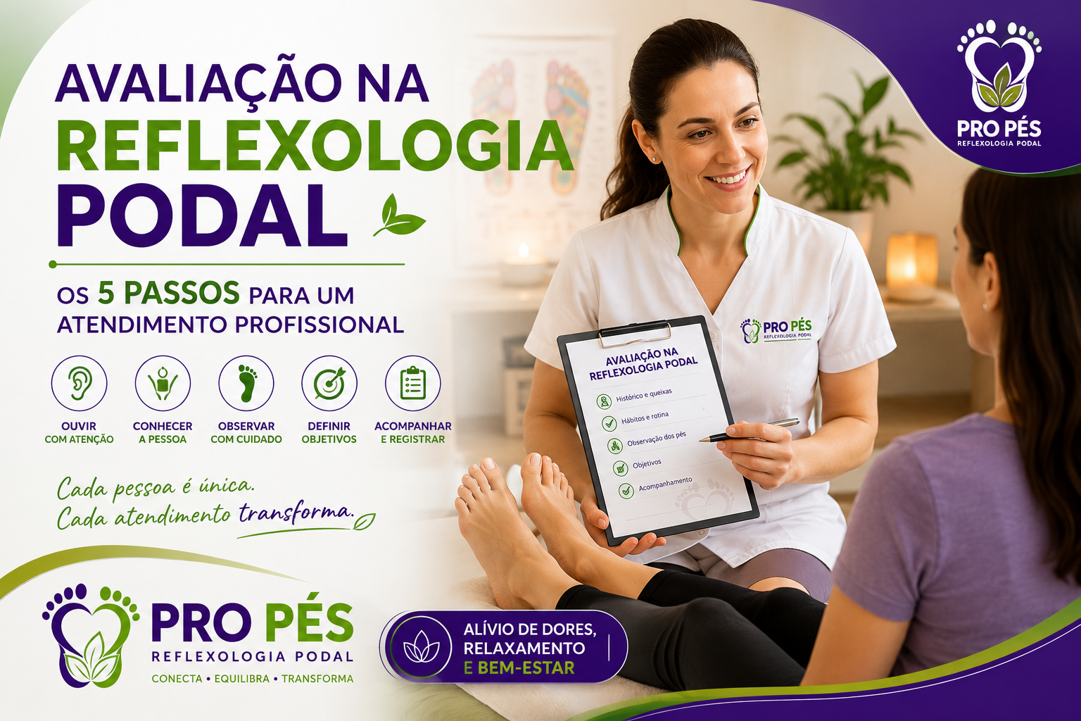 Avaliação na Reflexologia Podal realizada antes do atendimento profissional, com terapeuta conversando e avaliando a cliente.