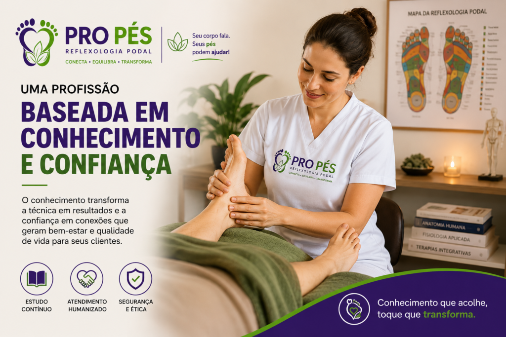 Profissional realizando atendimento de Reflexologia Podal em ambiente organizado e acolhedor.