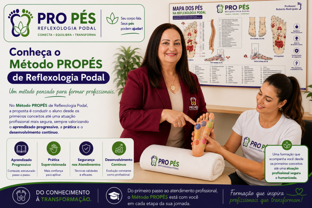 Professora Vilma orientando uma aluna durante uma aula prática do Curso de Reflexologia Podal no Método PROPÉS, utilizando o mapa oficial da Reflexologia Podal para ensinar uma formação profissional segura e humanizada.