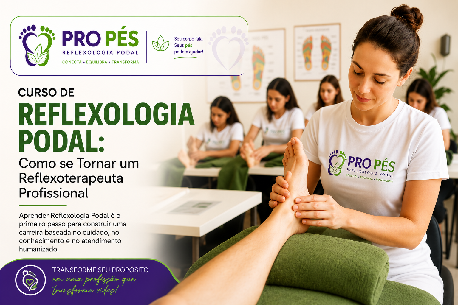 Aluna aprendendo Reflexologia Podal durante uma aula prática com orientação profissional.
