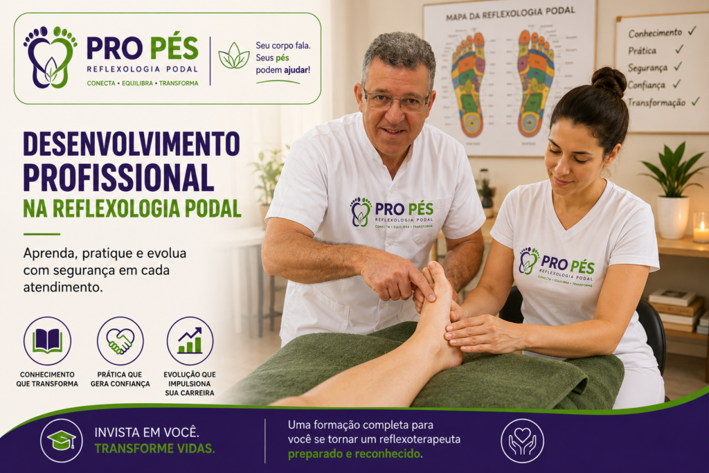 Professor Roberto orientando uma aluna durante uma aula prática do Método PROPÉS de Reflexologia Podal, demonstrando o desenvolvimento profissional com conhecimento, prática e segurança.