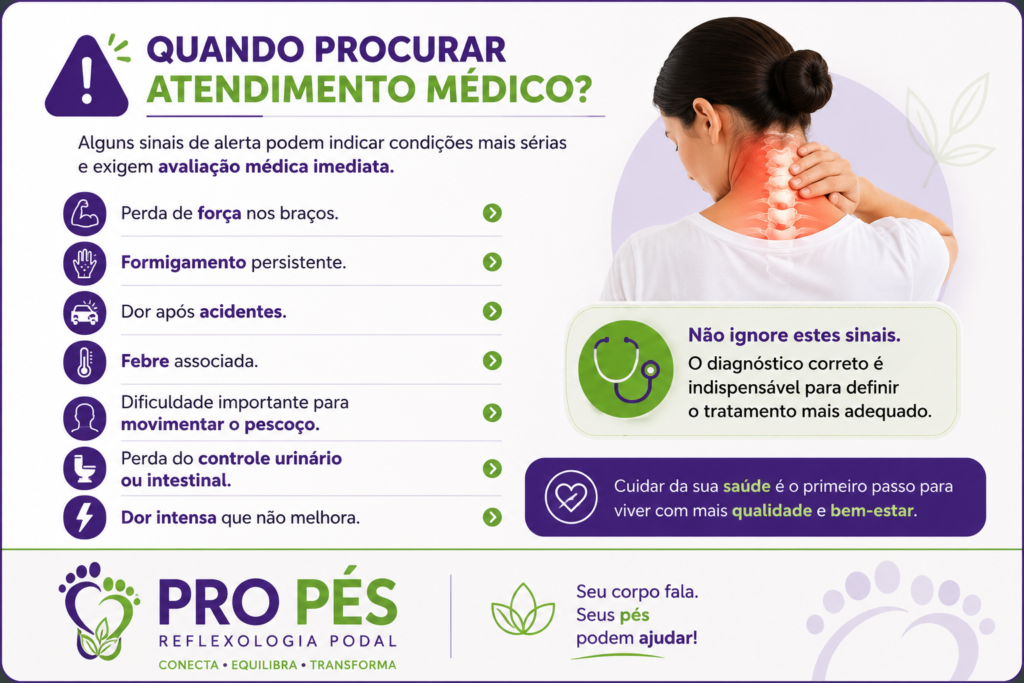 Card informativo mostrando os principais sinais de alerta que indicam a necessidade de procurar atendimento médico em casos de dor cervical.