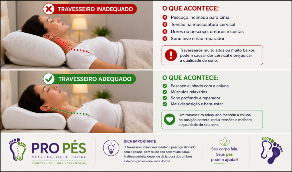 Comparação entre travesseiro inadequado e travesseiro adequado mostrando o alinhamento da coluna cervical durante o sono.